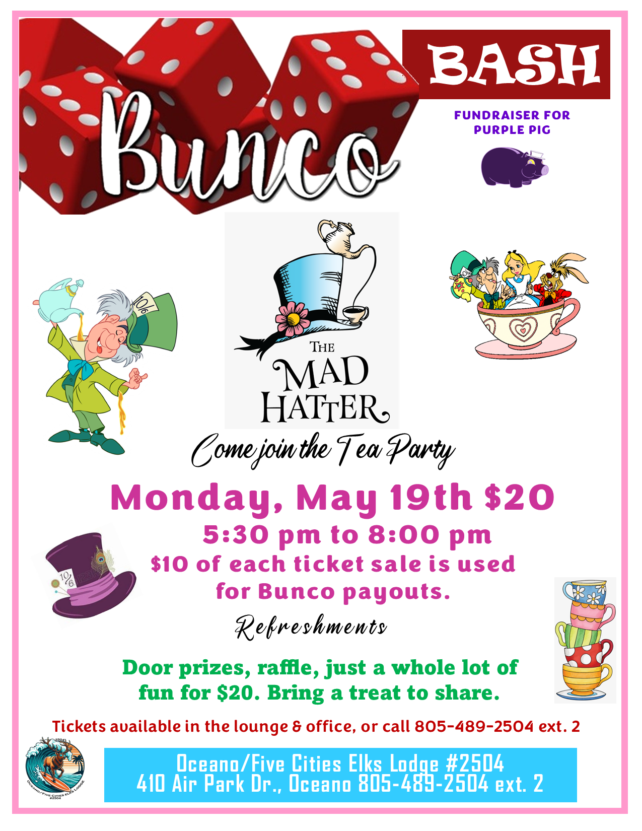 Bunco Bash Mad Hatter Themed $20