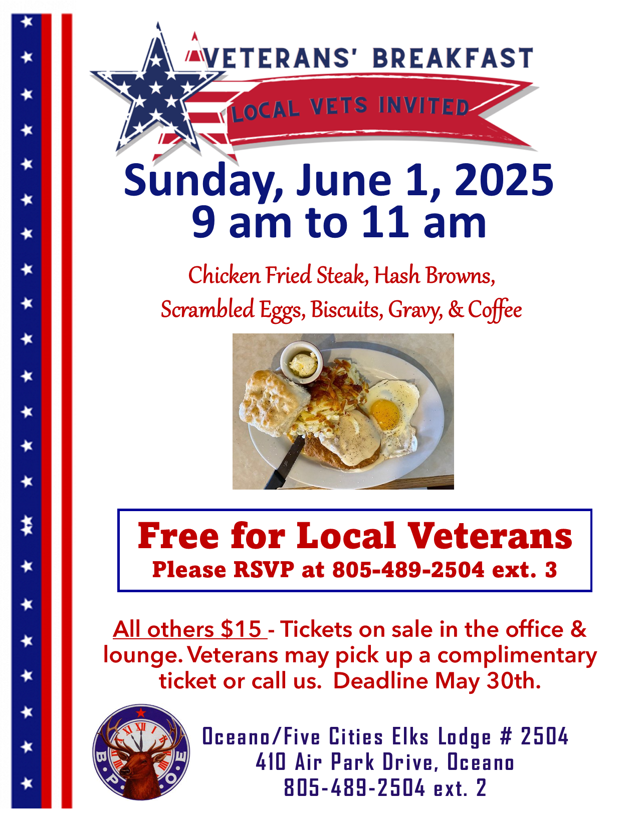 Veterans' Breakfast - Free to local Veterans - All others $15